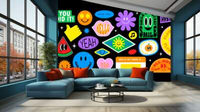 Colorful happy smiling face label shape set. Collection of trendy retro sticker cartoon shapes. Funny comic character art and quote sign patch bundle. Wall mural