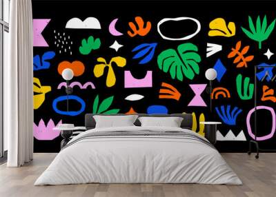 Colorful organic shape doodle collection. Funny basic shapes, random childish doodle cutouts of tropical leaf, hand and decorative abstract art on isolated background. Wall mural