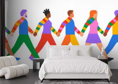 Colorful people group walking together holding hands seamless pattern. Modern flat cartoon illustration of diverse young character team for friendship, diversity or community culture concept. Wall mural