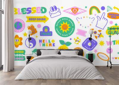 Colorful retro cartoon label shape set. Collection of trendy vintage y2k sticker shapes. Funny soft pastel color quote sign bundle. Cute children icon, fun patch illustrations.	 Wall mural