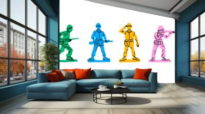 Colorful retro toy soldier collection on isolated white background. Vintage 90s style hand drawn cartoon character for children game or military combat concept. Wall mural