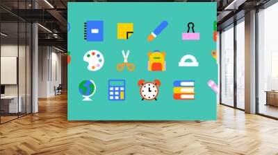 Colorful school icon set. Modern flat education cartoon collection, fun study geometric element bundle. Children stationery texture, art supplies symbol design. Wall mural