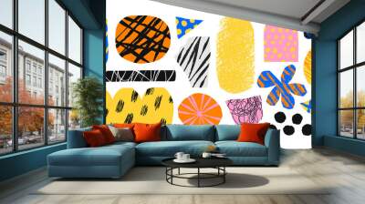 Colorful trendy abstract geometric shape set with modern doodles and bright paint texture. Collage drawing style shapes collection on isolated background. Wall mural