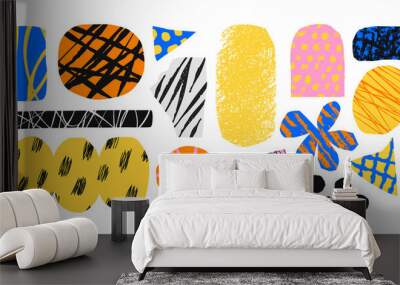 Colorful trendy abstract geometric shape set with modern doodles and bright paint texture. Collage drawing style shapes collection on isolated white background. Wall mural