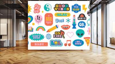 Colorful vintage label shape set. Collection of trendy retro sticker cartoon shapes. Funny comic character art and quote sign patch bundle.	 Wall mural