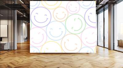 Colorful y2k smiling face cartoon doodle seamless pattern. Funny retro smile faces background illustration. Vintage character wallpaper, fun pastel color  print. Wall mural