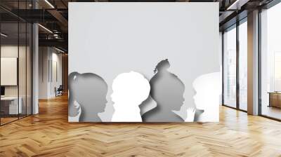 Diverse baby group illustration in abstract layered paper cut style. Toddler team silhouette for school student or education concept. Modern 3D little child people crowd papercut design. Wall mural