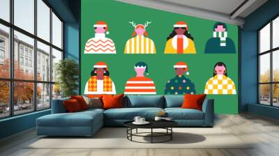 Diverse christmas people portrait illustration set. Colorful xmas celebration flat cartoon avatar element collection. Geometric style funny winter season group, festive holiday character team. Wall mural