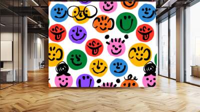 Diverse colorful children people face seamless pattern illustration. Multi color little kid cartoon characters in funny childish doodle style. Friendly community or toddler group background concept. Wall mural