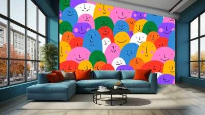 Diverse colorful people crowd seamless pattern illustration. Multi color rainbow cartoon characters in funny children doodle style. Friendly community or kid group background concept. Wall mural