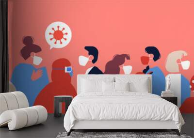 Diverse people group crowded together with coronavirus infected patients. Includes doctor, nurses and hazmat suit worker wearing face mask for health protection on isolated background. Wall mural