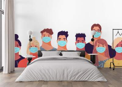 Diverse people group of young women and men wearing medical face mask for disease prevention, pollution protection on isolated background. Flat cartoon characters doing thumbs up, say yes to masks. Wall mural