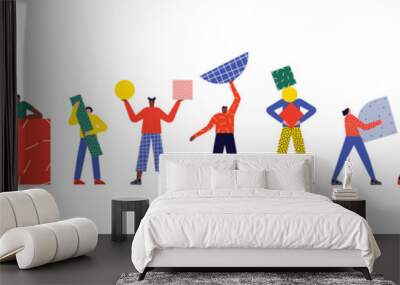 Diverse set of flat cartoon people with colorful geometric shapes on isolated background. Man and woman character bundle doing organization task, business partnership or teamwork activity concepts. Wall mural