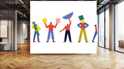 Diverse set of flat cartoon people with colorful geometric shapes on isolated background. Man and woman character bundle doing organization task, business partnership or teamwork activity concepts. Wall mural