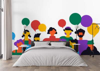 Diverse young people group on isolated background with copy space. Modern people team, teenager students or business workers in flat cartoon style. Wall mural