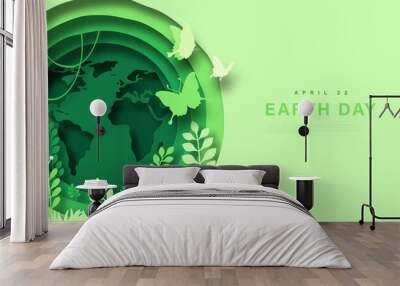 Earth day april 22 paper cut web template illustration. Green papercut planet with nature environment inside. Modern 3d cutout design concept of world map, plant leaf and butterfly. Wall mural