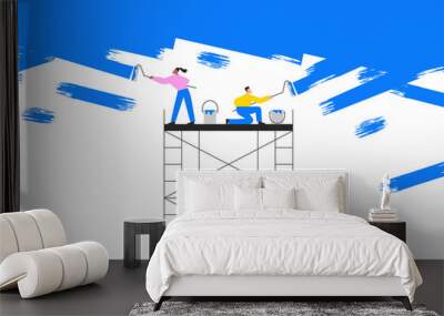 Flat cartoon people painting wall together. Modern style illustration of man and woman painters with paint roller for under construction concept or web design. Wall mural