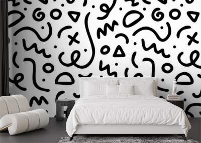 Fun black and white abstract line doodle seamless pattern. Creative minimalist style art background for children or trendy design with basic shapes. Simple childish scribble backdrop.	 Wall mural