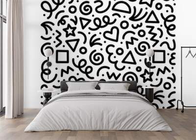 Fun black and white abstract line doodle square shape. Creative minimalist style art symbol set for children or party celebration with modern shapes. Simple upbeat drawing scribble decoration. Wall mural