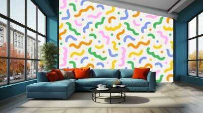 Fun colorful line doodle seamless pattern. Creative abstract style art symbol background for children or celebration design with basic shapes. Simple childish scribble wallpaper print. Wall mural