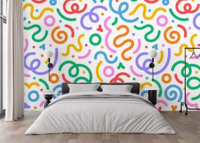 Fun colorful line doodle seamless pattern. Creative minimalist style art background for children or trendy design with basic shapes. Simple childish scribble backdrop. Wall mural