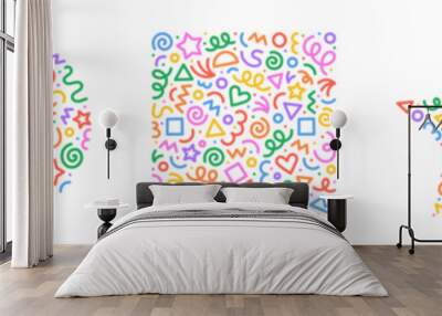 Fun colorful line doodle shape set. Creative minimalist style art symbol collection for children or party celebration with basic shapes. Simple upbeat childish drawing scribble decoration. Wall mural