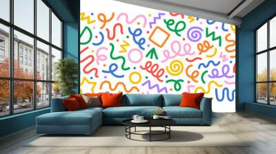 Fun colorful line doodle shape set. Creative minimalist style art symbol collection for children or party celebration with basic shapes. Simple upbeat childish drawing scribble decoration.	 Wall mural