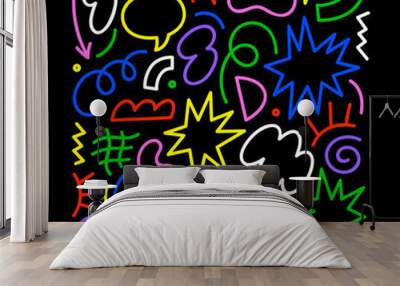 Fun colorful line doodle shape set. Creative minimalist style art symbol collection with basic shapes on black background. Simple upbeat childish drawing scribble decoration. Wall mural