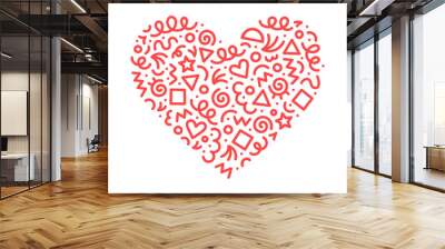 Fun red abstract line doodle heart shape. Creative minimalist style art symbol set for children or party celebration with modern shapes. Simple upbeat drawing scribble decoration. Wall mural