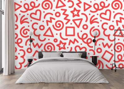 Fun red line doodle seamless pattern. Creative abstract style art background for children or trendy design with basic shapes. Simple childish scribble wallpaper print. Wall mural