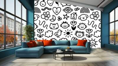 Funny black and white children doodle icon seamless pattern. Cute happy kid drawing symbol wallpaper print, education conept background illustration texture. Wall mural