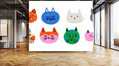 Funny cat animal head cartoon set in colorful flat illustration style. Cute kitten pet collection, diverse domestic cats.	
 Wall mural