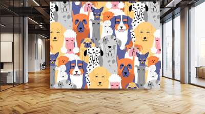 Funny dog animal crowd cartoon seamless pattern in flat illustration style. Cute puppy pet group background, diverse domestic dogs breed wallpaper. Wall mural