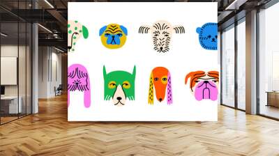 Funny dog animal head icon cartoon set in quirky colorful flat illustration style. Cute doggy pet face collection, diverse domestic dogs.	
 Wall mural