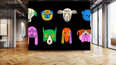 Funny dog animal head icon cartoon set in quirky colorful flat illustration style. Cute doggy pet face collection, diverse domestic dogs. Wall mural