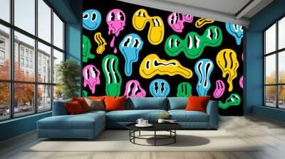 Funny melting smiling happy face colorful cartoon set. Retro psychedelic drug effect smile icon cllection on isolated background. Trendy character doodle graphic bundle. Wall mural