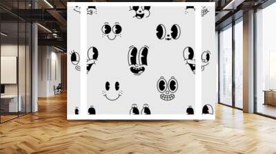 Funny retro cartoon character face seamless pattern set. Black and white vintage animation art style background. Trendy 50s mascot texture print, facial expression graphic wallpaper drawing. Wall mural