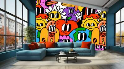 Funny trendy retro cartoon character crowd seamless pattern set. Vintage happy characters background in comic rubber hose art style. Wall mural