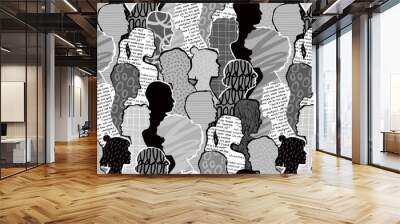 Gray scale diverse people crowd abstract art seamless pattern. Multi-ethnic person gray color community team, retro cultural diversity group background illustration in black and white.  Wall mural