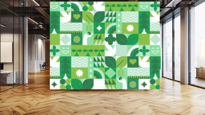 Green eco friendly symbol mosaic seamless pattern illustration with nature abstract shapes. Fresh organic concept background print. Minimalist environment shape texture, geometry collage.	
 Wall mural