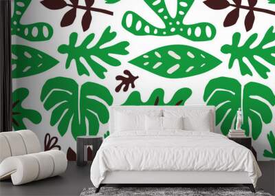 Green jungle leaf doodle shapes seamless pattern. Trendy colorful tropical leaves background design. Monstera plant decoration wallpaper, childish nature symbols. Wall mural