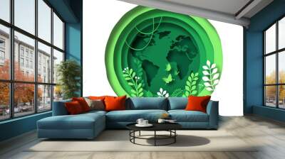 Green paper cut earth planet with nature environment inside. Modern 3d papercut illustration concept of world map, plant leaf and butterfly. Eco friendly solution, natural care design. Wall mural