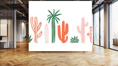 Hand drawn cactus plant doodle set. Vintage style cartoon cacti houseplant illustration collection. Isolated element of nature desert flora, mexican garden bundle. Natural interior graphic decoration. Wall mural