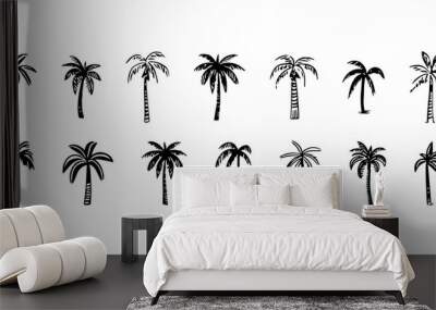 Hand drawn palm tree doodle element set. Black and white hawaiian clipart, isolated summer vacation collection in vintage art style. Tropical plant painting illustration bundle. Wall mural