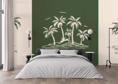 Hand drawn palm tree doodle illustration set. Green hawaiian print, summer vacation background collection in vintage art style. Tropical plant painting clip art bundle. Wall mural