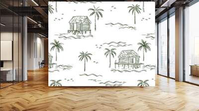 Hand drawn palm tree doodle seamless pattern illustration. Colorful hawaiian print, summer vacation background in vintage art style. Tropical plant painting wallpaper texture.	
 Wall mural