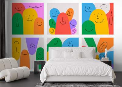 Happy colorful friends together, diverse people crowd illustration set. Funny cartoon characters smiling. Cute children doodle collection. Friendly community, kid education or friendship concept. Wall mural