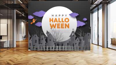 Happy Halloween paper cut illustration of creepy haunted house, bats and witch in 3d papercut art style. Scary abandoned mansion web template background with copy space frame.  Wall mural