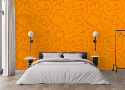 Happy halloween party seamless pattern. Funny cartoon line doodle background illustration of scary autumn celebration decoration and childish shapes.	 Wall mural