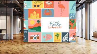 Hello summer vintage mosaic illustration. Retro style beach vacation drawing collection, summertime season background template, tourism landscape banner. Wall mural